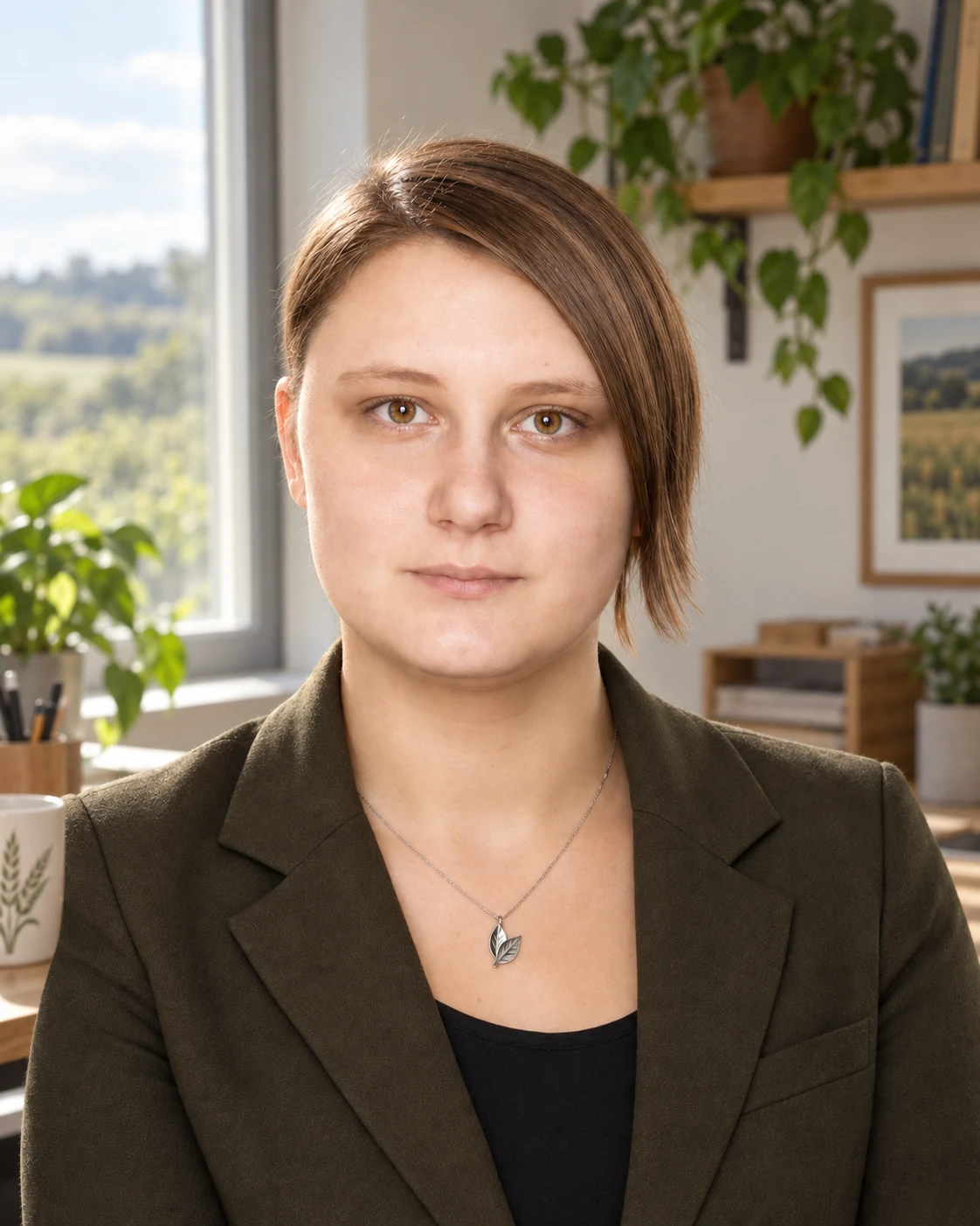 Edited portrait of Anastasiia Drohan beside a window